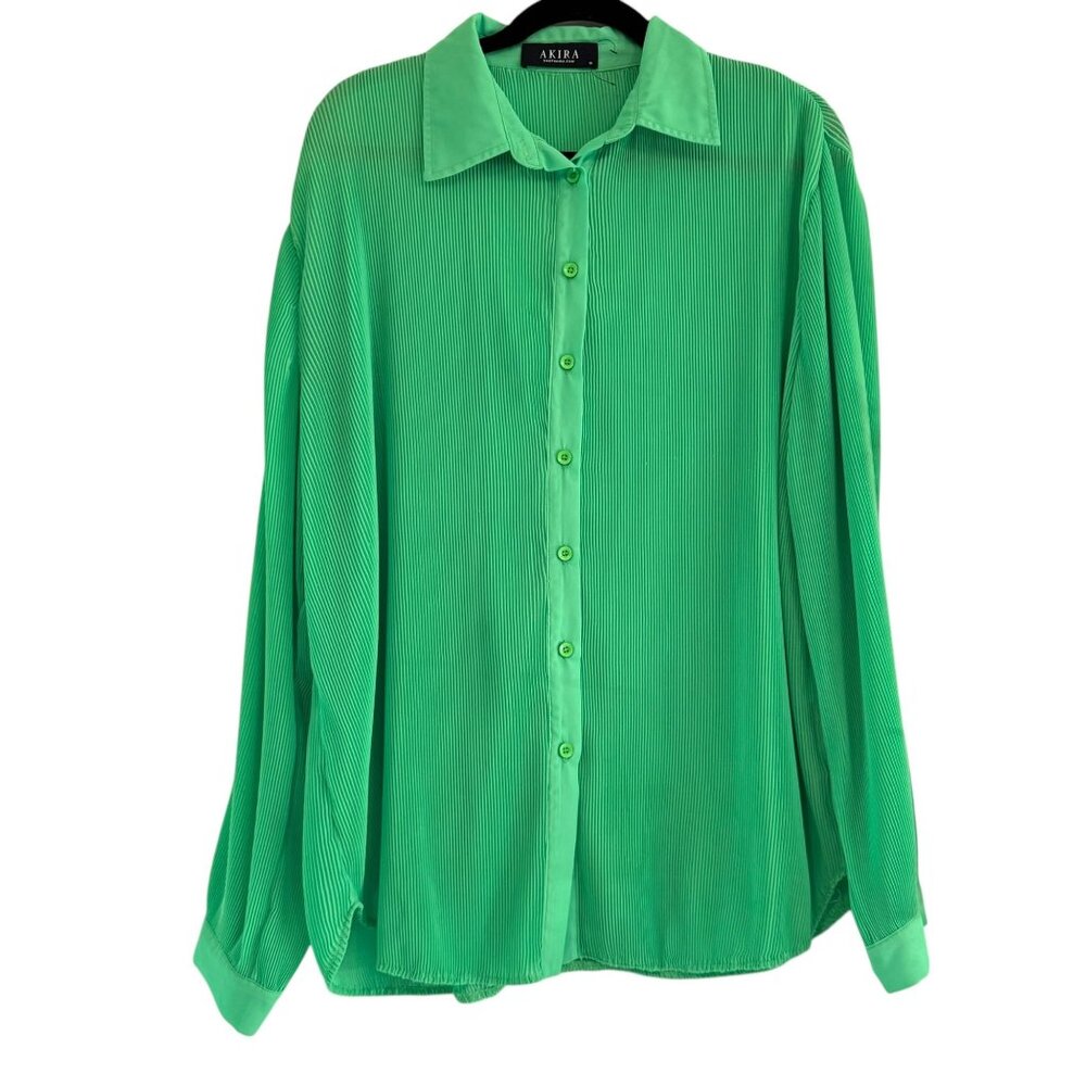 Akira Women Green Pleated Button Down Blouse Long Sleeve Oversized Shirt Size M